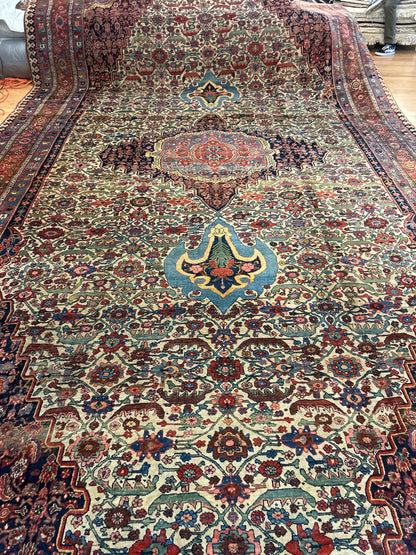 Antique Persian Bidjar Rug, 12' x 20'10", in blue, ivory, navy and red