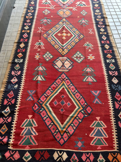 Vintage Turkish Bessarabian Kilim, 5' x 12'7", in ivory, navy, orange and red - photo 3