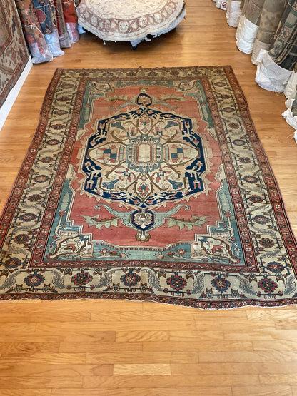 Antique Persian Serapi Rug, 9'3" x 13', in ivory, navy, salmon and teal