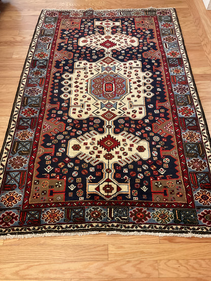 Vintage Persian Malayer Rug, 4'4" x 6'9", in blue, ivory, navy and red