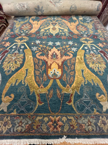 Indian Mashad Rug, 8'2" x 10', in brown, gold, orange and teal