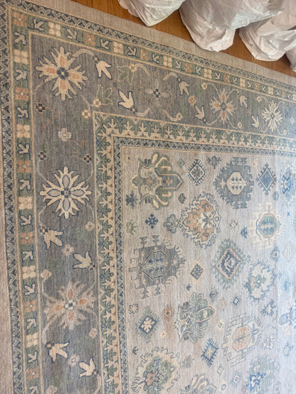 Afghan Oushak Rug, 12'2" x 14'6", in beige, green and grey - photo 2