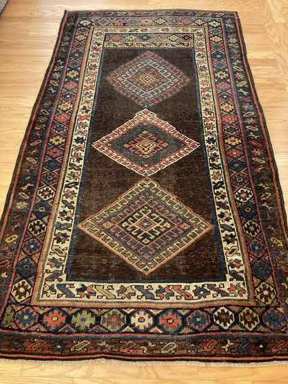 Antique Persian Kurdish Rug, 4'1" x 7'3", in brown, ivory, navy and rust