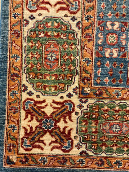 Pakistani Kazak Rug, 8'2" x 10'4", in baby blue, gold, green and ivory - photo 2