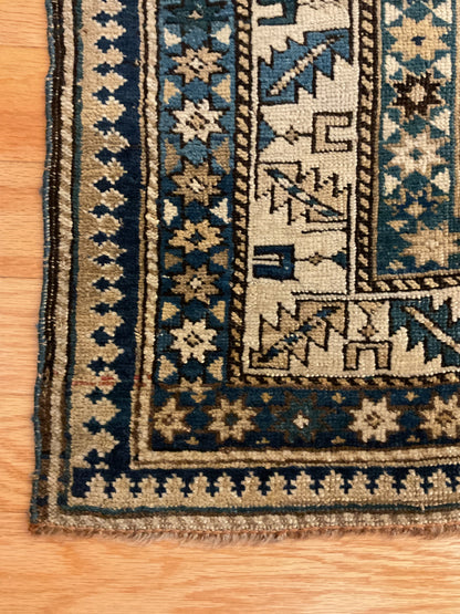 Antique Russian Kazak Rug, 4'8" x 5'5", in beige, blue, ivory and navy - photo 2