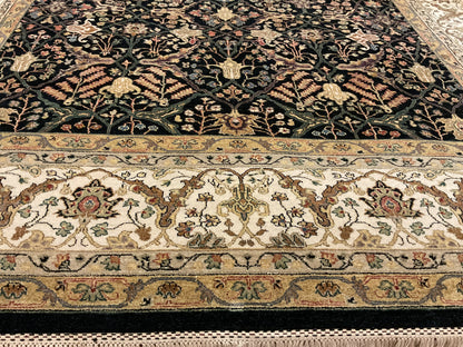 Indian Peshawar Rug, 8' x 10', in black, gold, ivory and peach