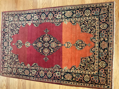 Antique Persian Kashan Rug, 3'5" x 5'6", in ivory, navy, orange and raspberry