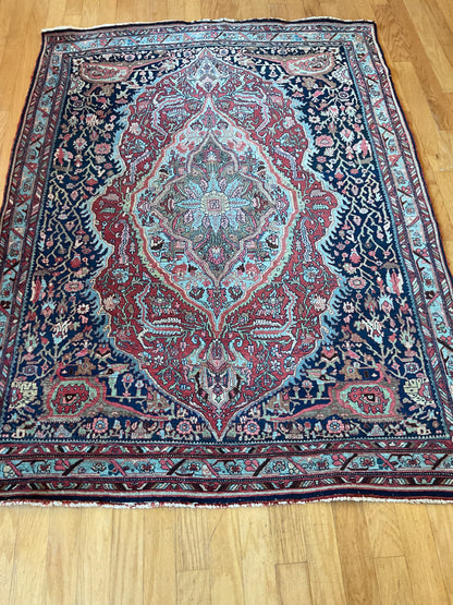 Antique Persian Bidjar Rug, 4'7" x 6'2", in baby blue, ivory, navy and red