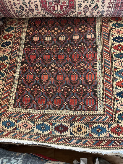 Antique Russian Kuba Rug, 3'9" x 5'1", in blue, ivory, navy and red