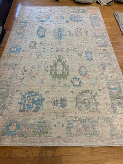 Pakistani Oushak Rug, 5'11" x 9'1", in beige, blue, green and pink