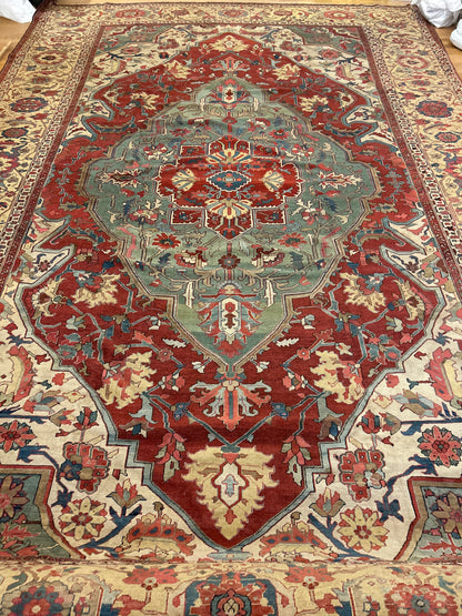 Persian Serapi Rug, 14'1" x 20'9", in blue, brick, camel and green