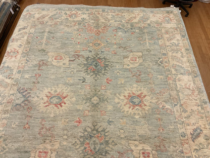 Afghan Oushak Rug, 8'3" x 9'7", in grey, ivory, salmon and sea moss