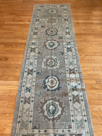 Turkish Oushak Runner, 3'1" x 10'4", in grey, ivory and teal