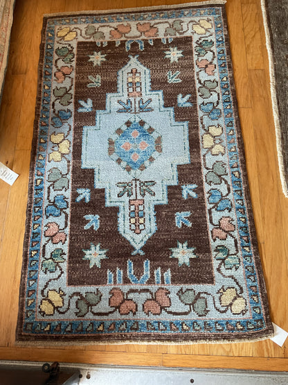 Turkish Oushak Rug, 3'1" x 5', in baby blue, brown, pink and yellow