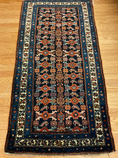 Antique Persian Kurdish Runner, 3'2" x 6'4", in blue, ivory, navy and rust - photo 4