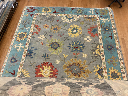 Indian Oushak Rug, 8'1" x 10'1", in baby blue, gold, grey and ivory