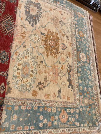 Afghan Oushak Rug, 8'2" x 9'10", in gold, ivory, peach and teal