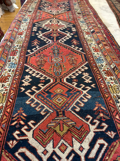 Antique Persian Kurdish Runner, 3'6" x 14', in blue, gold, ivory and red - photo 3