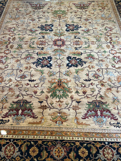 Indian Antiquity Rug, 12' x 15', in baby blue, beige, burgundy and gold