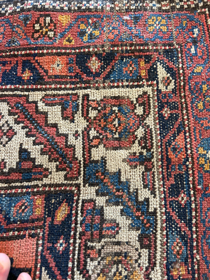 Antique Persian Kurdish Runner, 4'5" x 9'3", in ivory, navy, orange and rust - photo 3