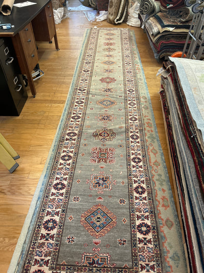 Afghan Kazak Runner, 2'9" x 15'5", in burgundy, grey, ivory and navy - photo 2