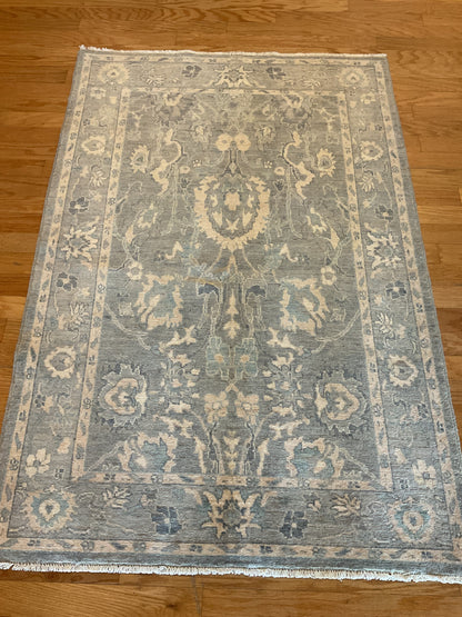 Afghan Peshawar Rug, 4' x 5'9", in baby blue, grey and ivory
