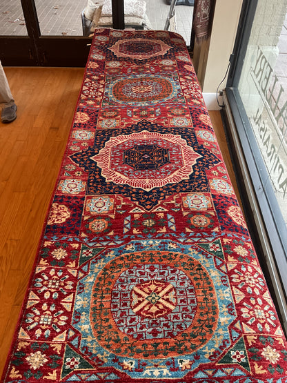 Afghan Mamluk Runner, 2'8" x 9'8", in baby blue, navy, orange and red