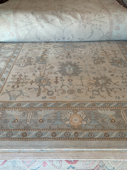 Turkish Oushak Rug, 10'7" x 13'7", in baby blue, beige, slate and tan