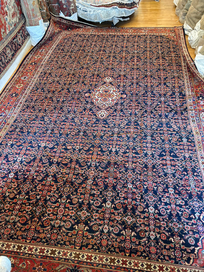 Antique Persian Malayer Rug, 11'8" x 17'10", in ivory, navy and red