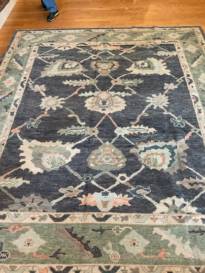 Turkish Oushak Rug, 8'1" x 9'6", in charcoal, green, ivory and peach - photo 3