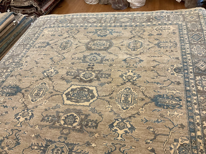 Afghan Peshawar Rug, 8' x 10', in blue, ivory, slate and tan
