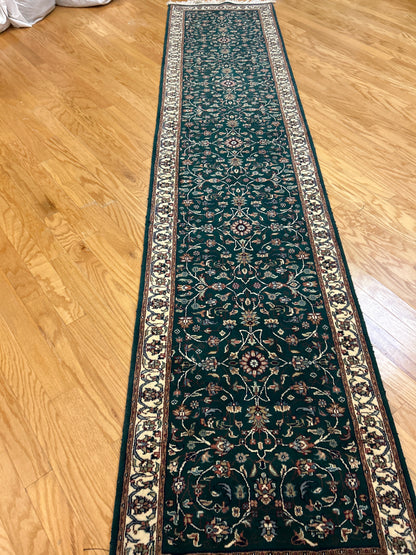 Vintage Indian Kashan Runner, 2'7" x 11'9", in hunter green, ivory and red