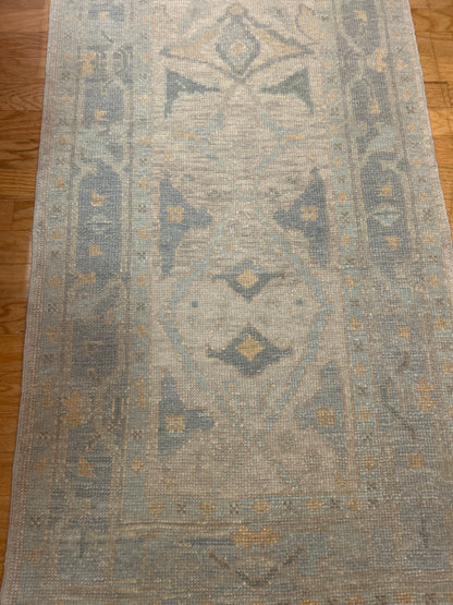 Turkish Oushak Runner, 3' x 17'7", in baby blue, beige and grey - photo 2