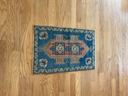 Vintage Turkish Anatolian Rug, 1'10" x 2'9", in blue, ivory, salmon and teal