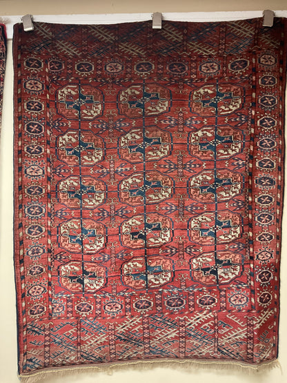 Antique Persian Turkman Bokhora Rug, 3'3" x 4'3", in ivory, navy and rust