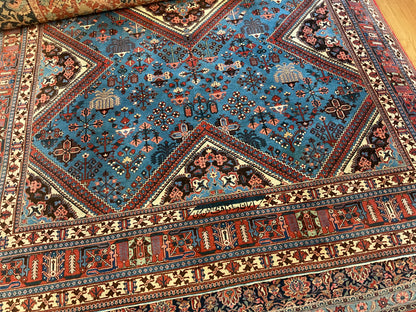 Antique Persian Maymay Rug, 8'11" x 11'9", in black, blue, ivory and rust