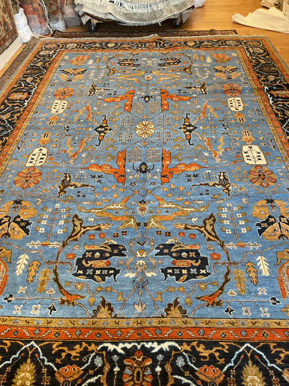 Indian Mohal Rug, 10' x 14', in blue, gold, navy and orange