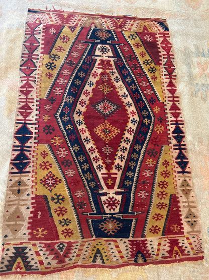 Vintage Turkish Kilim, 3'6" x 5'5", in gold, ivory, navy and red