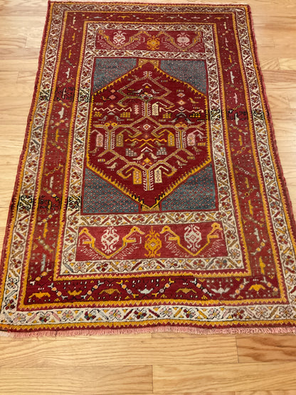 Antique Turkish Anatolian Rug, 3'4" x 5'2", in blue, gold, ivory and red - photo 4