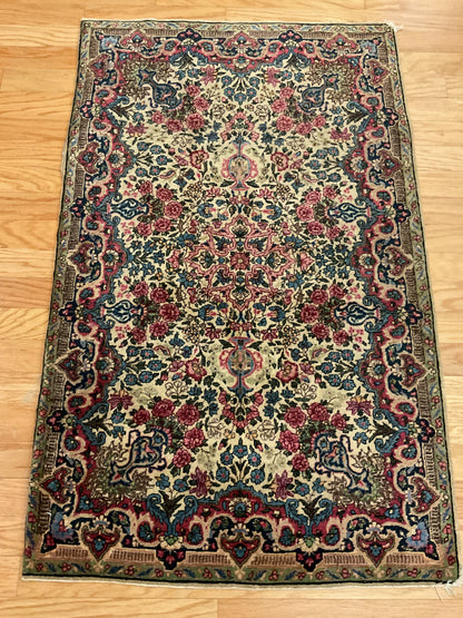 Antique Persian Kerman Rug, 3'3" x 4'9", in green, ivory, navy and rose - photo 4