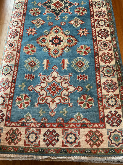Afghan Kazak Runner, 2'8" x 13'6", in blue, green, ivory and red