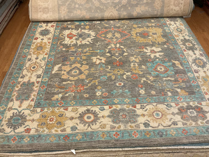 Afghan Oushak Rug, 8'10" x 12', in gold, grey, ivory and teal