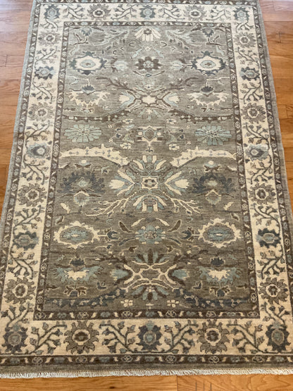 Afghan Heriz Rug, 4'1" x 5'11", in baby blue, grey and ivory