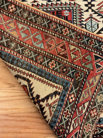 Antique Russian Caucasian Rug, 3'10" x 4'5", in blue, ivory, navy and red - photo 3