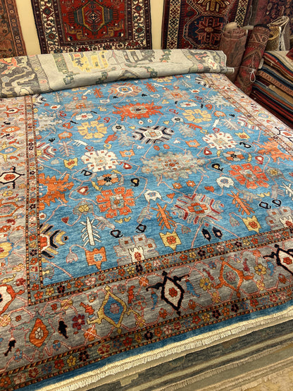 Afghan Serapi Rug, 8'11" x 11'4", in blue, grey, ivory and orange