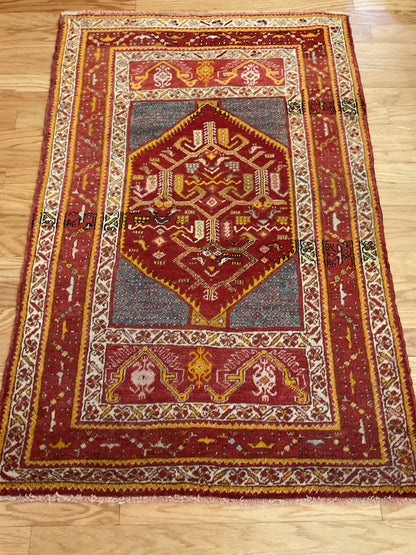 Antique Turkish Anatolian Rug, 3'4" x 5'2", in blue, gold, ivory and red