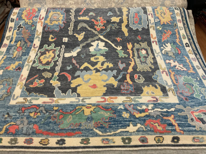 Turkish Oushak Rug, 8'5" x 11'3", in blue, charcoal, gold and green