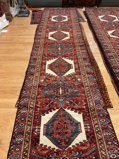 Vintage Persian Karajh Runner, 3'7" x 16'1", in ivory, navy, red and teal