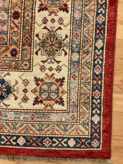 Afghan Kazak Rug, 8'8" x 8'10", in beige, blue, ivory and red - photo 3