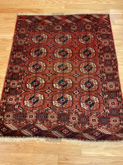 Antique Persian Turkman Rug, 3'8" x 4'6", in ivory, navy and rust